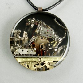 Steampunk pendant with a cat and a tank