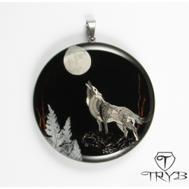 Hand made pendant with wolf sculpture of watch parts