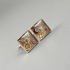 Square sterling silver cufflinks with wood and cogs