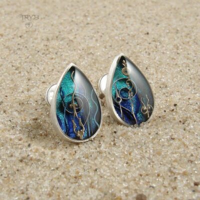 AQUARIUS srebrne kolczyki krople z podwodnym krajobrazem