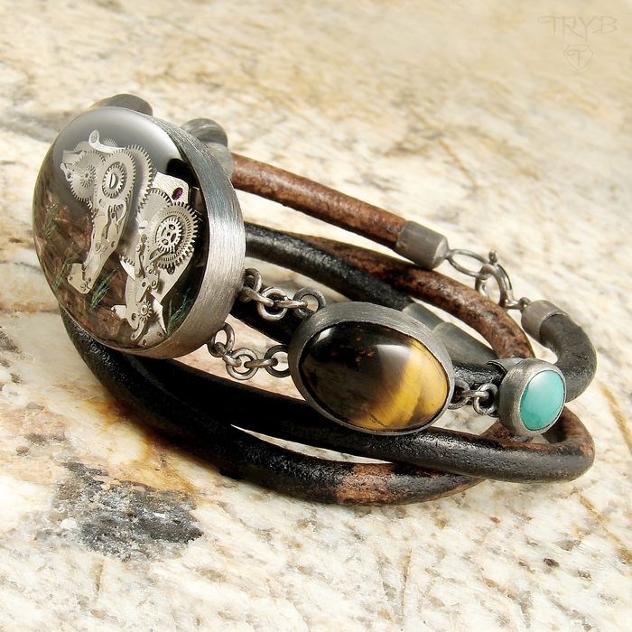 Bransoletka niedźwiedź z kamieniami tygrysim okiem i turkusem naturalnym