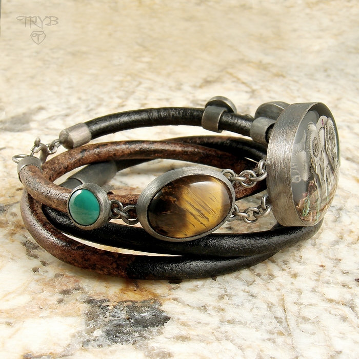 Artystyczna bransoletka ze srebra, części zegarków i kamieni