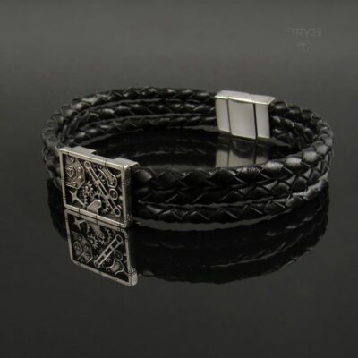 Oryginalna męska bransoletka ze srebra i skóry plecionej