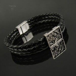 Industrialna męska bransoleta ze srebra 925 na plecionym rzemieniu