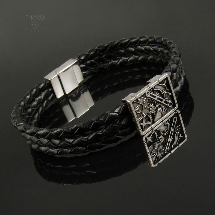 Industrialna męska bransoleta ze srebra 925 na plecionym rzemieniu