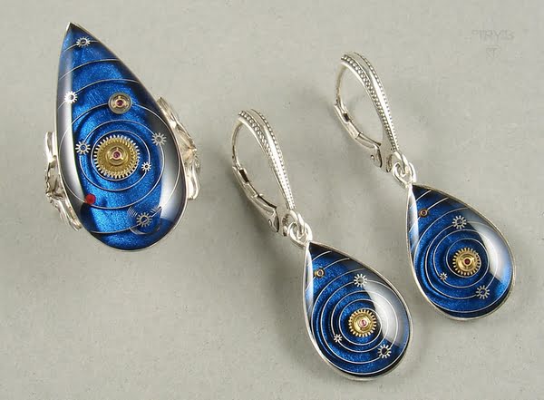 Kosmiczny pierścionek i kolczyki wiszące  - komplet biżuterii