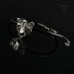 Srebrna bransoletka gepard na czarnym rzemieniu ze skóry naturalnej