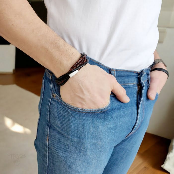 Bransoleta męska z rzemieni i srebra