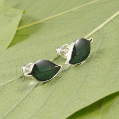 Ciemnozielone kolczyki listki ze srebra