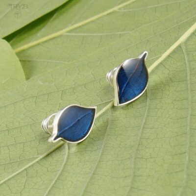 Granatowe kolczyki listki ze srebra