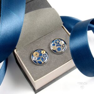 Granatowe spinki do mankietów z trybikami biżuteria artystyczna na prezent