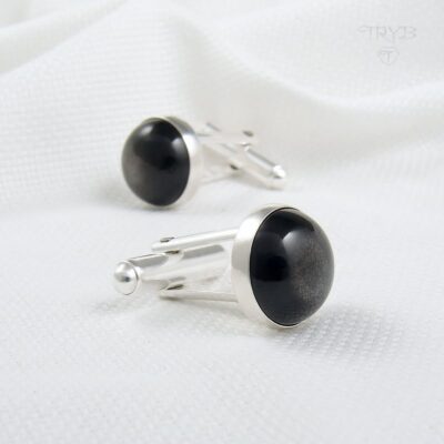 Spinki do mankietów z obsydianem srebrnym – detale kamieni i srebrnej oprawy